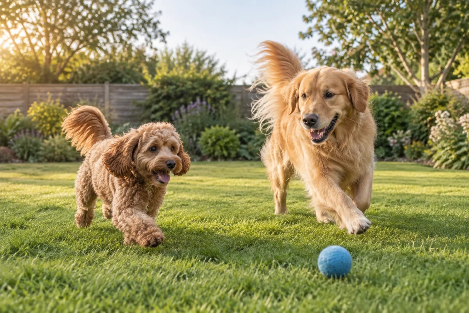A golden retriever and cockapoo playing with a ball in a secure garden