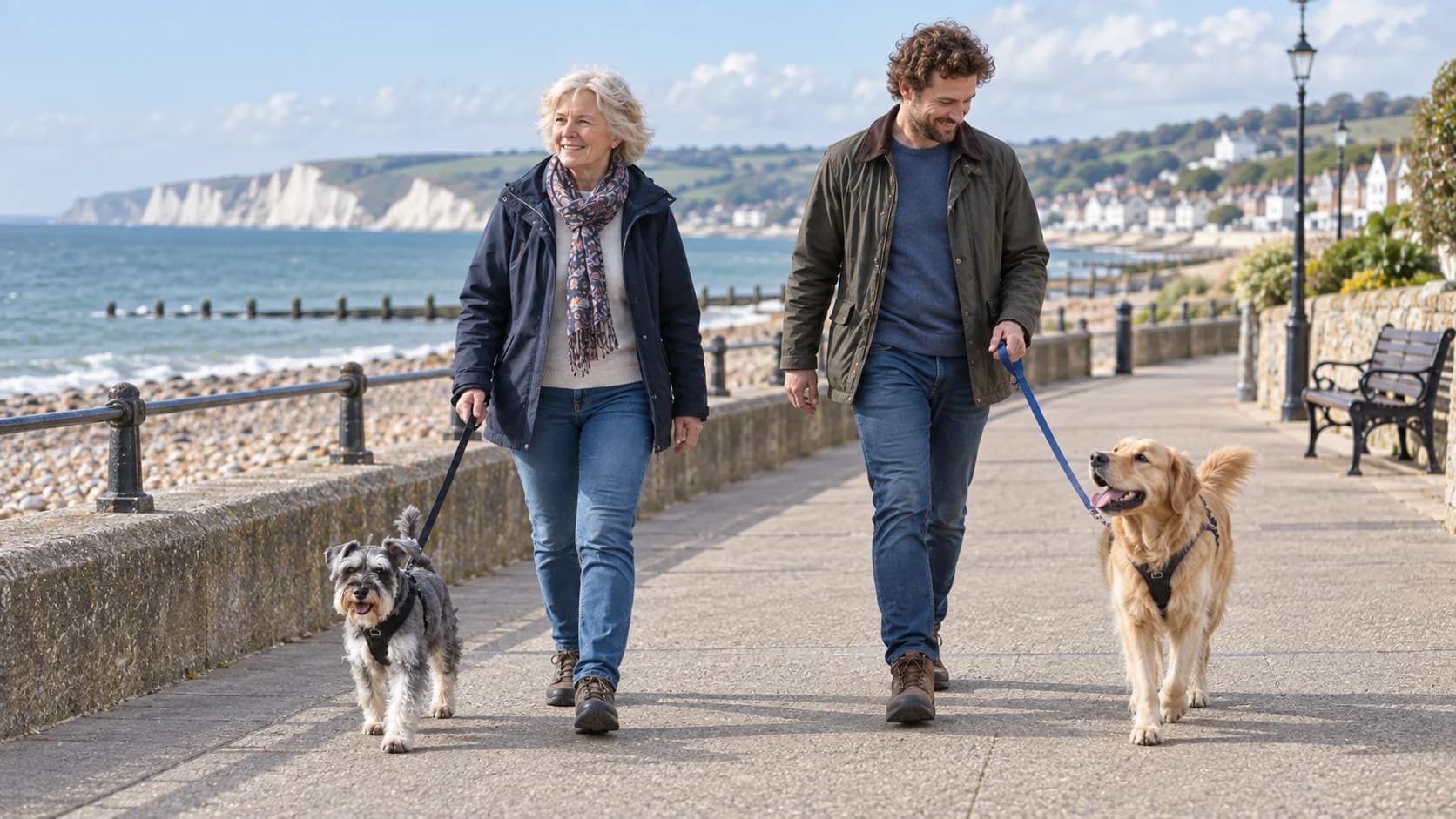 Two neighbours walking their own dogs on a seaside promenade